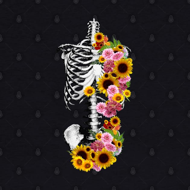 Floral Botanical anatomy, rib cage, pelvis, sunflowers, daisy, skeleton by Collagedream